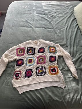 BiBi White Crochet Sweater with Colorful Granny Squares